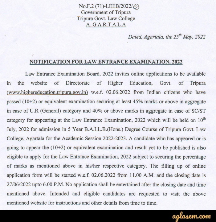 Tripura Govt Law College Admission 2022 Notice