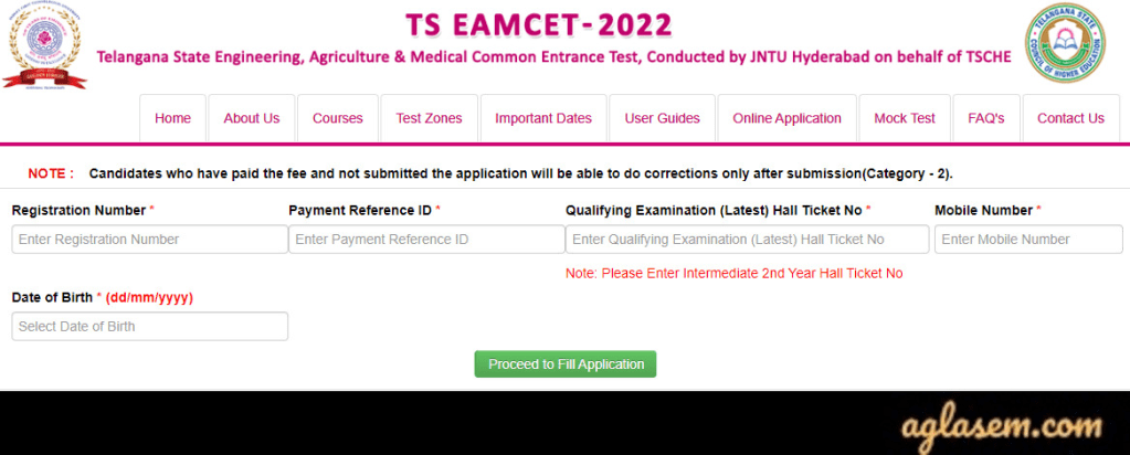  TS EAMCET 2022 Application Form Correction Window