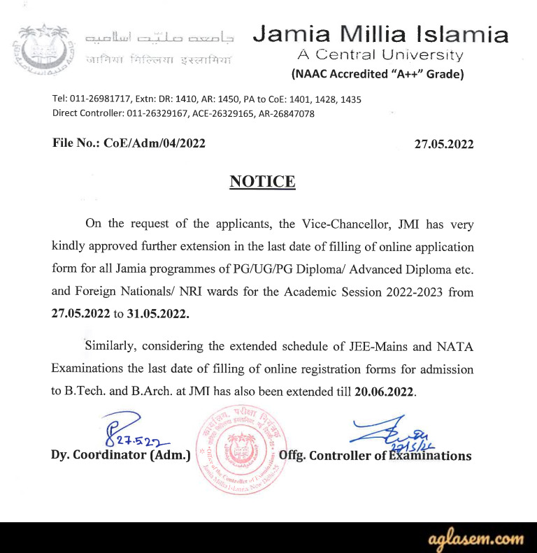 JMI UG, PG, PG Diploma, Advanced Diploma Admission 2022 Application Form Reopens Date Notice